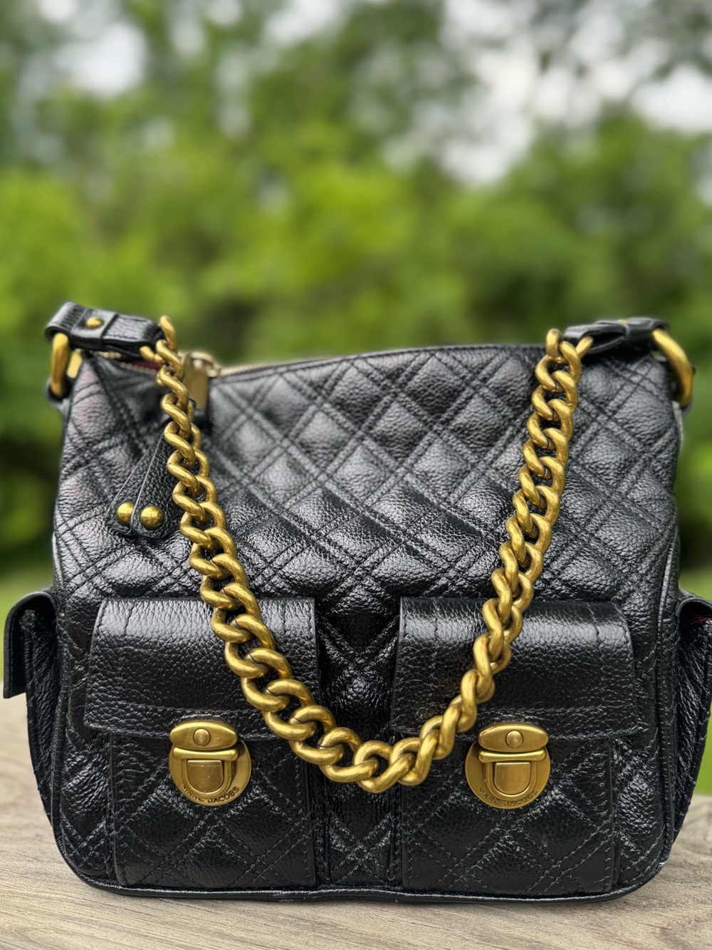Marc Jacobs Black Quilted Leather Shoulder Bag with Gold Chain